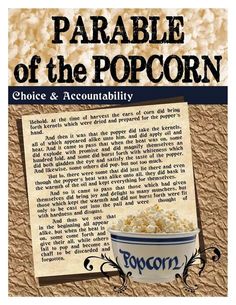 an advertisement for popcorn with the words parable of the popcorn in front of it