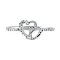 Express your romantic style with this sweet diamond double heart ring in sterling silver. Fashioned in sterling silver Smaller and larger heart outlines entwine at the center. Diamonds artfully line the design in sparkle. This ring captivates with 1/20 ct. t.w. of diamonds. Sterling Silver Open Heart Fine Jewelry Ring, White Gold Sterling Silver Open Heart Ring, Double Heart Promise Ring In Fine Jewelry Style, White Gold Open Heart Ring For Valentine's Day, Sterling Silver Double Heart Ring For Anniversary, Elegant Open Heart Promise Ring, White Gold Double Heart Ring For Anniversary, Sterling Silver Double Heart Ring, Sterling Silver Double Heart Ring Fine Jewelry