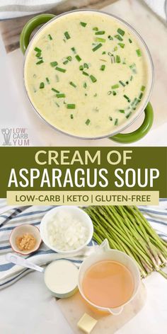 cream of asparagus soup in a green bowl