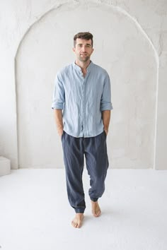 "DETAILS * Relaxed fit linen pants with two side pockets * With the elastic band around * Perfect and stylish for your active leisure time * Made from soft wash medium weight (185 gsm) 100 % European linen fabric * Height of the model is 182 cm (5'12″) and he is wearing size L and charcoal blue linen color * Pants outer seam - 104.5 cm / 41''; pants inner seam: S- 79cm/31'', M - 78.4cm/30.9\", L - 77.8cm/30,6\", XL - 77.1cm/30.3\", XXL - 76.5cm/30\" * Please choose another color and size on the right * Product number: MP002 CARE LABEL  * machine wash gentle (40 C/104 F) * dry gentle on low heat * wrinkles give the character so there is no need to iron, but if you still prefer it - iron at low heat SIZING S BODY / Recommended body measurements for the size S: - height in 172 cm / 68\" - wai Meditation Aesthetic Men, Men’s Linen Pants Style, Linen Pants Outfit Men, Blue Linen Pants Outfit, Linen Pants Men, Fitted Linen Pants, Blue Linen Pants, Mens Linen Pants, Charcoal Blue