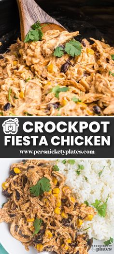 crockpot fiesta chicken with rice and cilantro garnish on the side