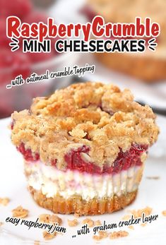 raspberry crumble mini cheesecakes on a white plate with text overlay