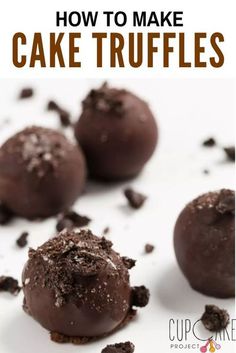 three chocolate truffles with the words how to make cake truffles on top