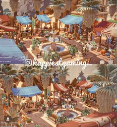 an animated rendering of a tropical resort with lots of palm trees and umbrellas in the background