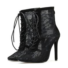 Olivia Mark - Sophisticated Lace-Up Hollow-Out Lace Stiletto Fashion Boots with Pointed Toe Louis Vuitton Slippers, Mesh Fashion, Open Toe High Heels, Lace Heels, Point Shoes, Black Bottoms, Lace Boots, Heel Sandals, White Sneakers