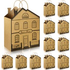 twelve brown paper bags with the front and back of a house