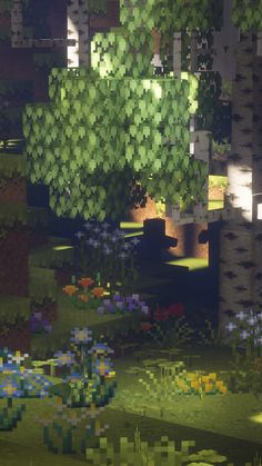 an image of a forest with flowers and trees in the foreground, all made up of pixeles