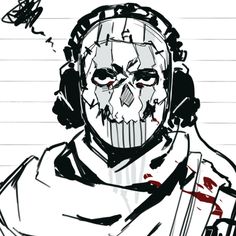 a drawing of a man with headphones and a skull on his face is shown