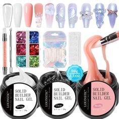 PRICES MAY VARY. 【Builder Gel Nail Kit All-in-one】. Contains White Clear Nude nail gel builder(non-sticky , need curing), Double-end 3D nail carving silicone pen, 3D silicone mold(random), glitter/sequins, dual forms for gel builder for nails, cuticle pusher. This builder gel kit(hard gel kit) contains almost everything for both nail starters and nail artists to do nail extension, nail sculpture, 3D nail art design, and so on. 【Builder Gel for Nails】. This hard nail gel/builder nail gel is no ru Solid Builder Gel, Magic Armor, 3d Nail Art Designs, Builder Gel Nails, Acrylic Nail Brush, Nails 3d, Nails Nude, Hard Nails, Clear Nail