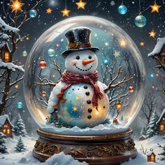 a snow globe with a snowman inside and christmas decorations on the outside, all around it