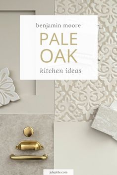 some white and gold wallpaper with the words, bejemin more pale oak kitchen ideas