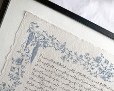 a piece of paper with blue ink on it and an old fashioned poem written in cursive writing