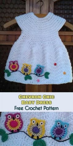 crocheted baby dress with owls and leaves on the bottom, in two different colors