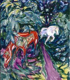 a painting of two horses in the woods