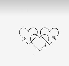 three hearts in the shape of letters are shown on a white background with black ink