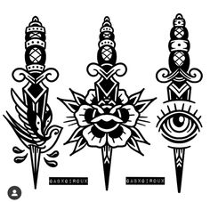 three different types of tattoos with an eye on the front and one in the back