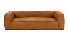 a brown leather couch sitting on top of a white floor