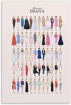 a poster with different types of women's dresses and the names of each woman