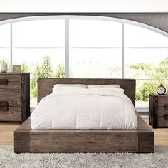 Janiero Rustic Bed in Natural Tone. A low-profile head and base design with natural wood grain patterns creates a comfortable appeal. California King Size Bed, Eastern King Bed, Rustic Nightstand, Contemporary Bedroom Furniture, Adjustable Bed Frame, Bedrooms Decor, Queen Panel Beds, Queen Platform Bed, Rustic Bedding