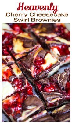 chocolate cherry cheesecake brownies are cut into squares and stacked on top of each other