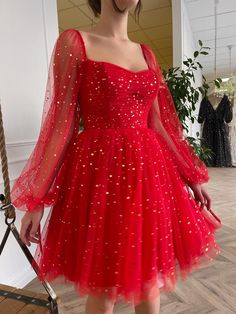 Details: -Starry tulle fabric -Red scarlet color with golden stars -Mini dress style with see through long sleeves Scarlet Color, Sleeve Prom Dress, Homecoming Dresses For Teens, Short Red Prom Dresses, Long Sleeve Homecoming Dresses, Mini Prom Dresses, Tulle Homecoming Dress, Long Sleeve Cocktail Dress, Homecoming Dresses Long