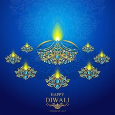 happy diwali greeting card with blue background and gold pattern on the edges, decorated with candles