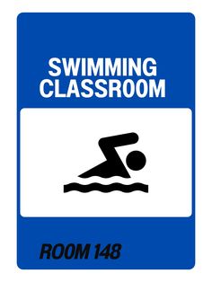 a swimming classroom sign with an image of a swimmer in the water and text reading room 138