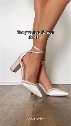 a woman's legs wearing white high heels with the words, the prettiest 12 hour shoes