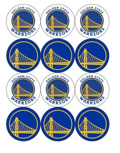 six golden state warriors stickers with the golden gate bridge in blue and yellow on them