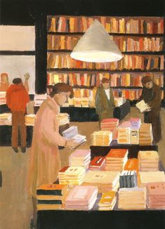 a painting of people in a library with stacks of books on the table and one woman reading