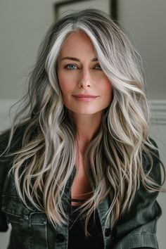 Tailor your hairstyle to enhance your piercing green eyes with long, wavy locks that showcase a smooth balayage. These hair styles for women over 50 add a touch of elegance to your everyday look. Long Grey Hairstyles For Women Over 50, Women’s Hairstyles 50+, Women With Long Grey Hair, 55 Plus Hairstyles, Low Lights With Gray Hair, Blond Grey Balayage, Grey Long Hair Older Women, Blonde To Grey Hair Transformation, Long Hair 2024 Trends Women