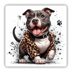 a dog with a leopard print on it's chest and his tongue hanging out