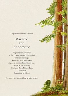 a wedding card with trees and grass in the background