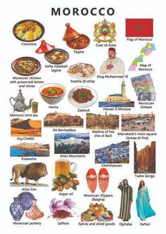 an image of morocco with all the main things in it's place, including food and drinks