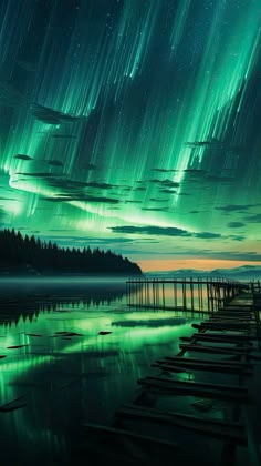 the sky is filled with green and purple aurora bores as they are reflected in water