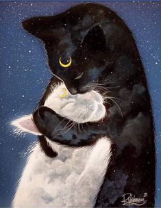 a painting of a black and white cat hugging another cat