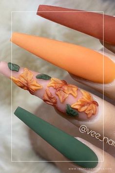 Maple Leaf Nails Orange Acrylic Nails, Fall Acrylic, November Nails, Fall Gel Nails, Sweater Nails, Fall Acrylic Nails, Instagram Tutorial, Thanksgiving Nails, Nail Swag