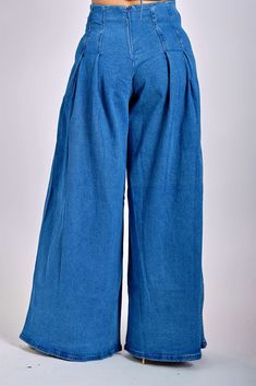 Great addition to your denim stash. This gorg denim pants features a high rise fit with a hidden zipper closure at the back. The wide leg and pleated back and front details are a great addition to an already perfect 'fit. You'll love this so much, you're definitely going to be reaching for these more often than not. Pair with some slides and your favorite crop top CONTENT & CARE Hand wash with cold water Hang to dry Do not bleach Cotton/Polyester/Rayon/Spandex DEETS & FIT Model is wearin Cotton Cropped Leg Flare Jeans With Belt Loops, Cropped Cotton Flare Jeans With Belt Loops, Cotton Wide Leg Flare Jeans With Belt Loops, Baggy Cotton Flare Jeans With Belt Loops, Cotton Wide Leg Jeans With Belt Loops, Wide-leg Cotton Jeans With Belt Loops, Wide Leg Cotton Jeans With Belt Loops, Cotton Medium Wash Wide Leg Pants With Five Pockets, Medium Wash Cotton Wide Leg Pants With Five Pockets