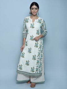 Ivory Blue Organic Cotton Straight Kurta Plazo Kurti Design, Cotton Kurtis, Kurta Patterns, Indian Designer Suits, Simple Kurti Designs, Kurti Designs Latest, Long Kurti Designs, Cotton Kurti Designs