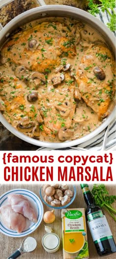 the chicken marsala is served in a large white casserole with mushrooms and parsley