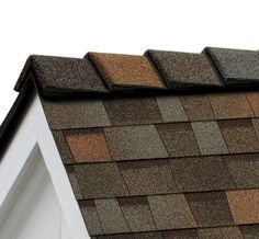 a bird sitting on top of a roof next to a white building with brown shingles