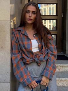 Women Oversized Plaid Shirt Vintage Long Sleeve Blouse Checked Shirt Women, Oversized Plaid Shirts, Blouse Korean Style, Female Office, Loose Fit Blouse, Plaid Shirts, Big Promotion, Vintage Long Sleeve, Loose Shirts