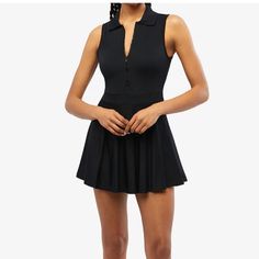 Nwt Weworewhat Tennis Dress Black Size L Built In Shorts Collar Zip Front Pleated White Tennis Dress, Square Neckline Dress, Cowl Dress, Collared Shirt Dress, Satin Long Sleeve, Maxi Slip Dress, Feather Dress, Halter Mini Dress, Denim Mini Dress