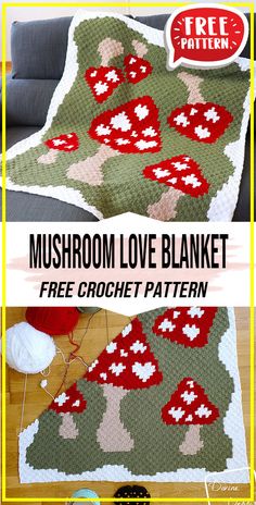 a crocheted afghan with mushrooms on it and the text mushroom love blanket free crochet pattern