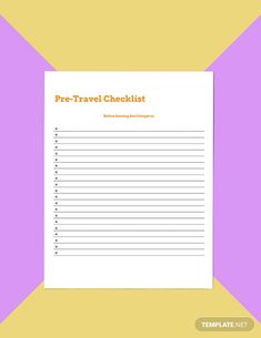 a printable travel checklist on a yellow and purple background with an orange stripe