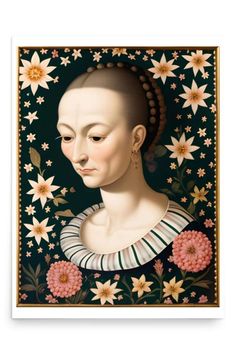 a painting of a woman with flowers in her hair and an ear ring on her head