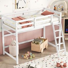 a white bunk bed sitting next to a pink wall