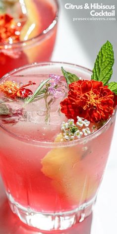 two glasses filled with drinks and garnished with flowers