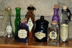 several bottles are lined up on a shelf