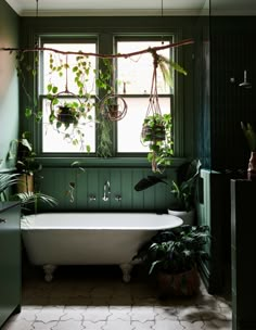 a bath tub sitting next to a window filled with green plants and potted plants